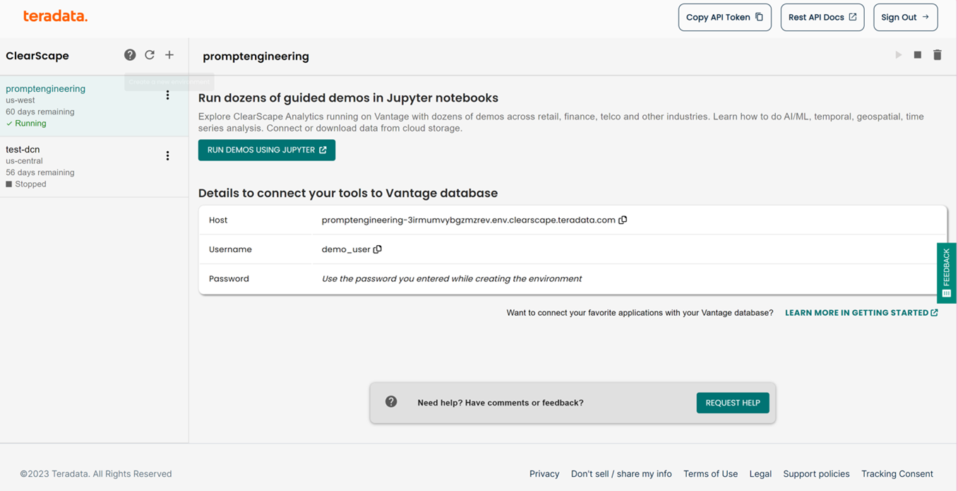 Interface of ClearScape Analytics Experience post-login, showing a single active environment with details like Host URL, username, and password displayed.