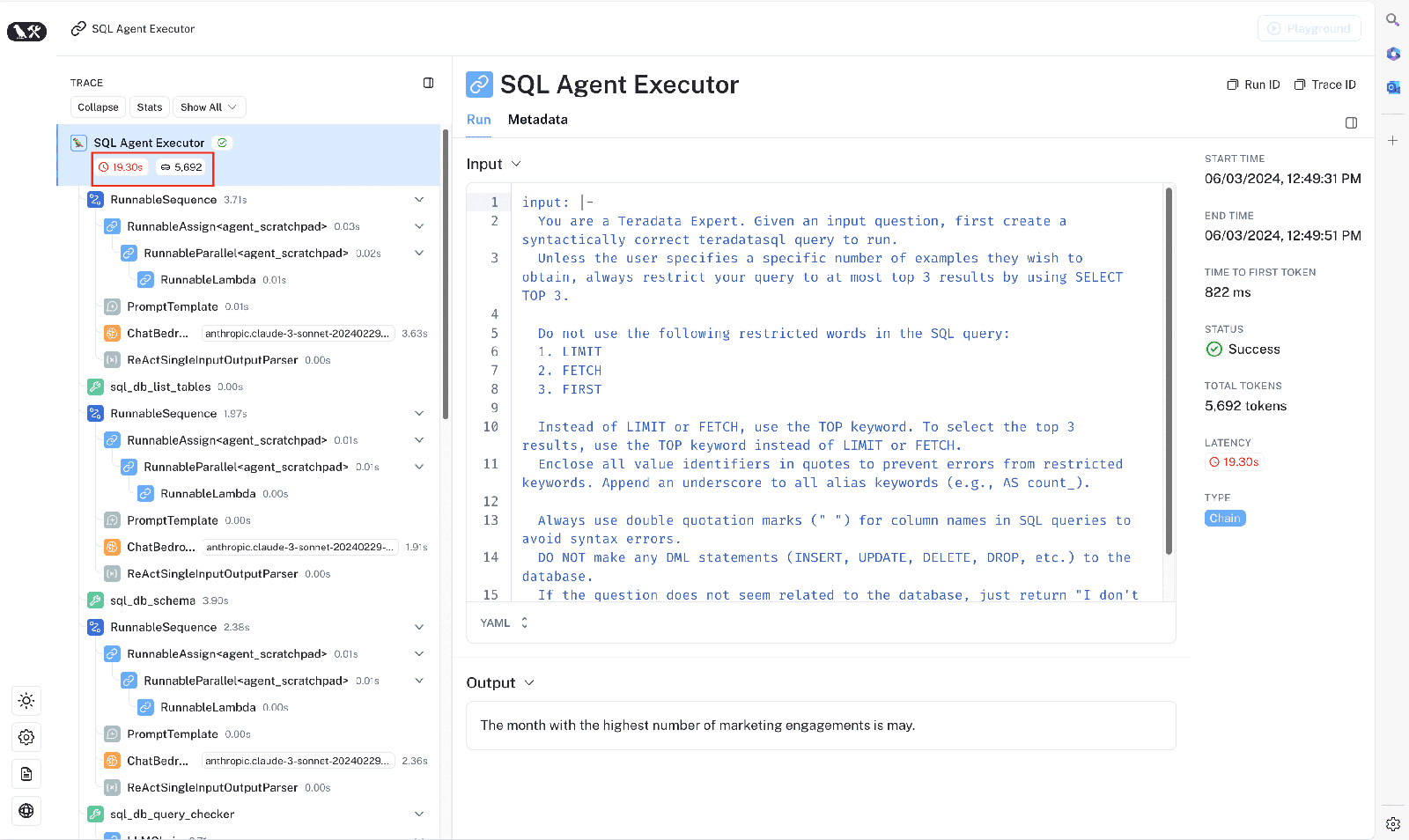 angSmith interface showing the execution trace of a SQL Agent Executor. The interface displays detailed steps and components involved in the execution process. It includes a left panel with a trace section that offers a selectable menu of each step in the SQL Agent Executor. The main section on the right panel shows the input section on the top and the output section on the bottom. The far-right panel includes a metadata section displaying start time, end time, time to first token, status (success), total tokens used, latency, type (LLM), and tags.